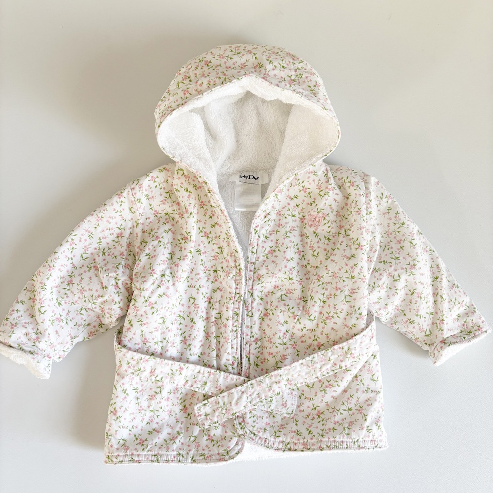 Baby Dior Girls Ditsy Floral Print Hooded Terry Lined Luxury Cotton Bath Robe OS